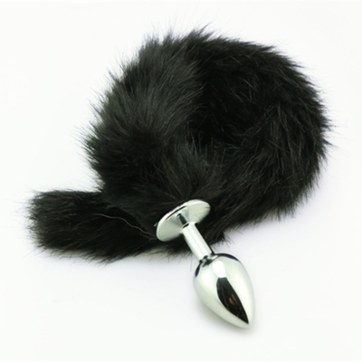 Dropping Black Fox Tail Metal Anal Plug Smooth Fur Fox Tail Sex Toy for Women