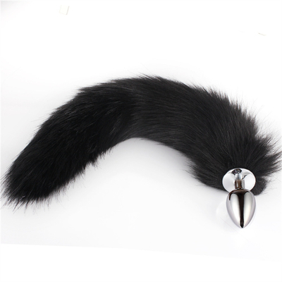 Dropping Black Fox Tail Metal Anal Plug Smooth Fur Fox Tail Sex Toy for Women