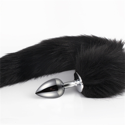 Dropping Black Fox Tail Metal Anal Plug Smooth Fur Fox Tail Sex Toy for Women