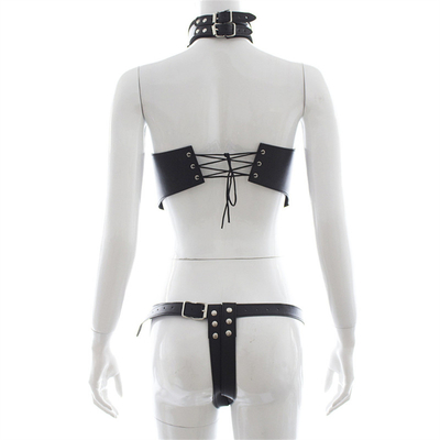 Womens Black BDSM Bondage Leather Dancing Open Bra Backless Lingerie Set