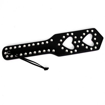 Rivets Double Hollow Heart Spanking Paddle Leather Slave Bitch Punished Paddle