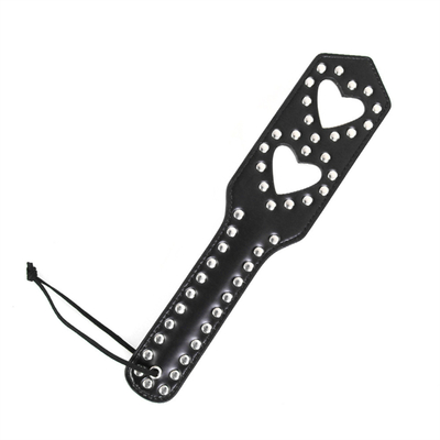 Rivets Double Hollow Heart Spanking Paddle Leather Slave Bitch Punished Paddle