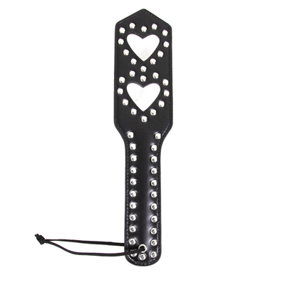 Rivets Double Hollow Heart Spanking Paddle Leather Slave Bitch Punished Paddle