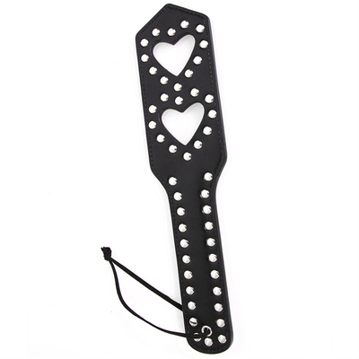 Rivets Double Hollow Heart Spanking Paddle Leather Slave Bitch Punished Paddle