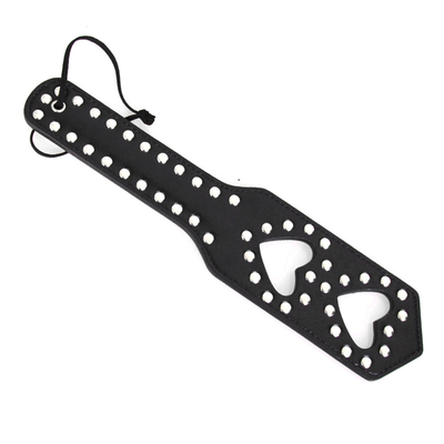 Rivets Double Hollow Heart Spanking Paddle Leather Slave Bitch Punished Paddle