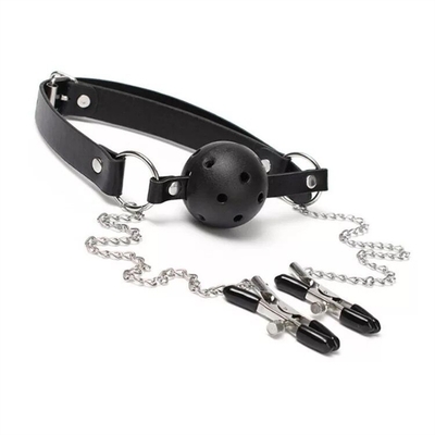 Factory Wholesale couple's bandage sex game open mouth ball gag with nipple clamp