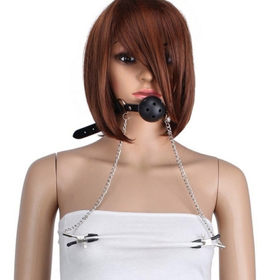 Factory Wholesale couple's bandage sex game open mouth ball gag with nipple clamp