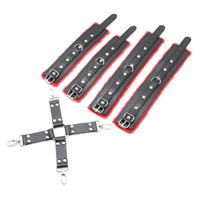 PU Leather black bondage restraint handcuff and ankle cuff belt cross for bdsm adult game
