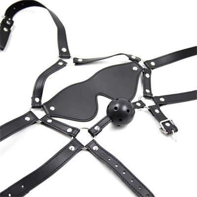 Leather Ball Blindfold Headgear Eye Mask Harness Open Mouth BDSM Bondage