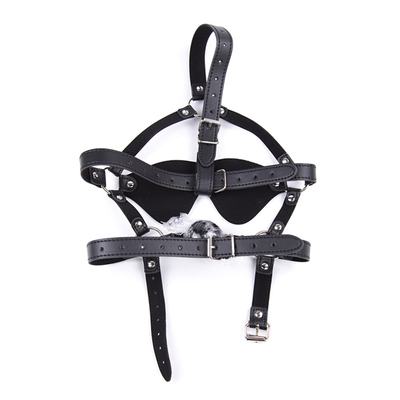 Leather Ball Blindfold Headgear Eye Mask Harness Open Mouth BDSM Bondage
